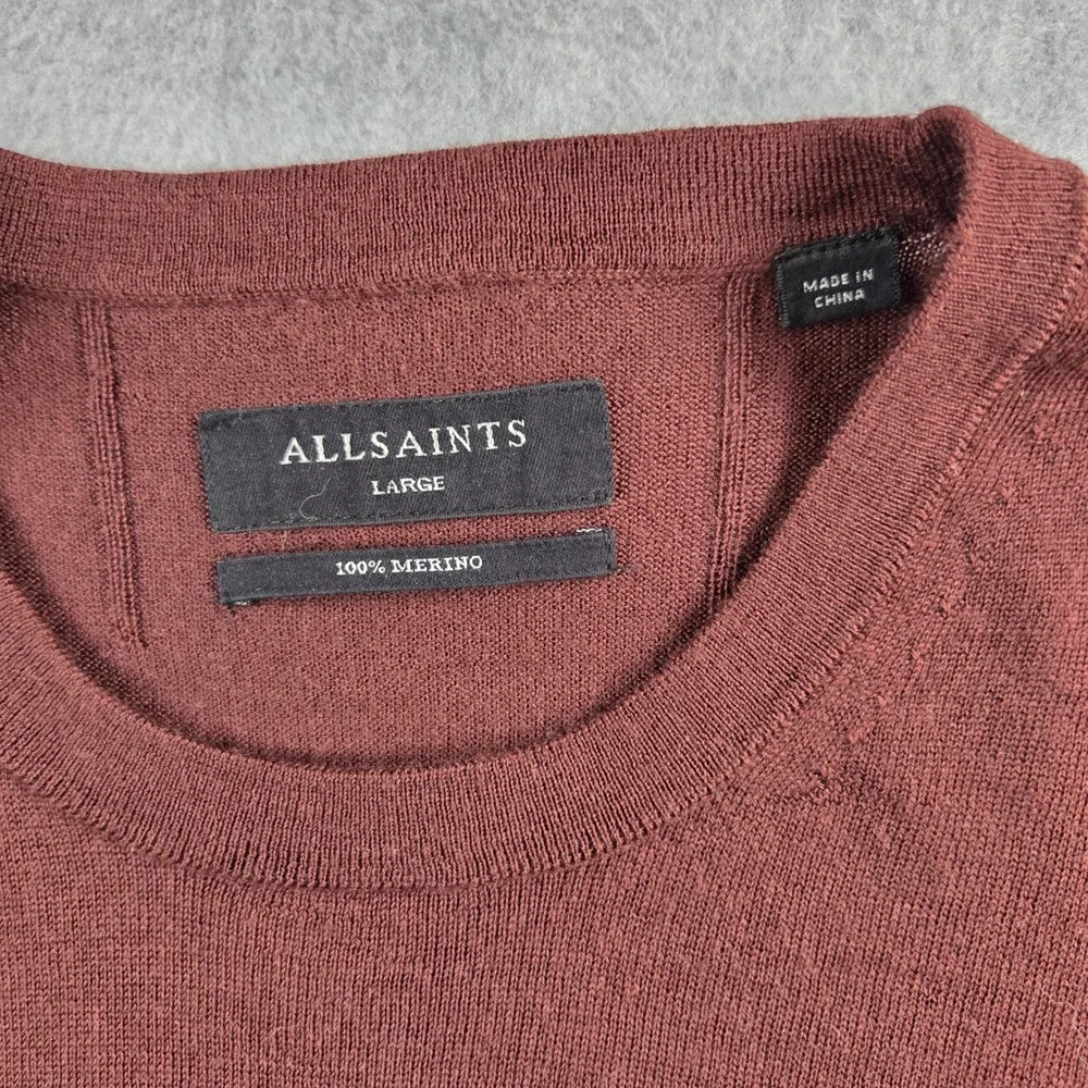 AllSaints Sweater Mens Large Burgundy 100% Merino Wool Crew Neck Ramskull Logo